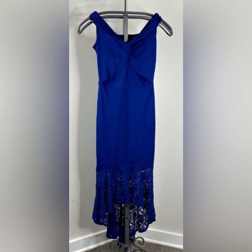 Venus Blue V-Neck Midi Lace Flounce Dress Size 4